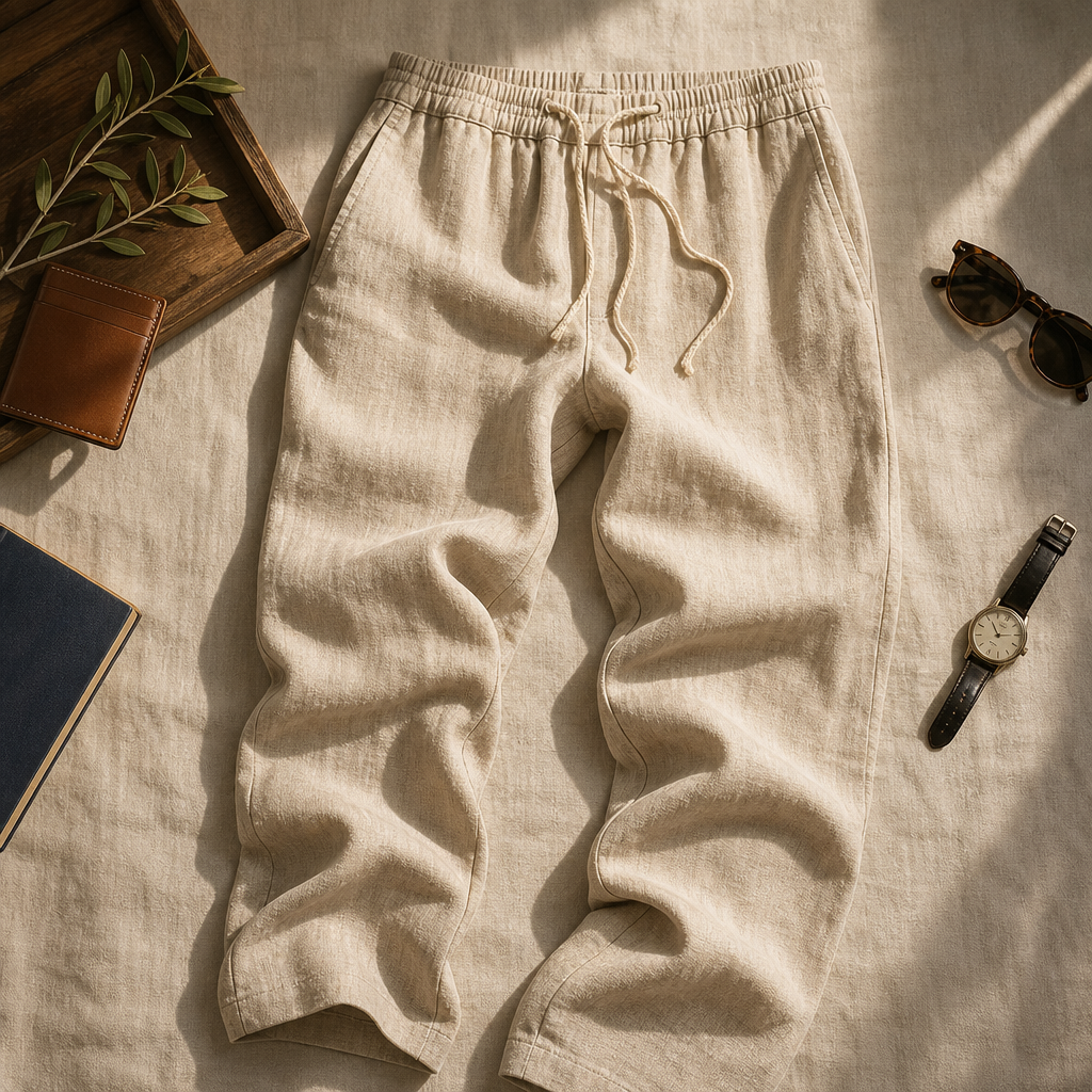 The Capri Drawstring Linen Trouser Sand — lifestyle
