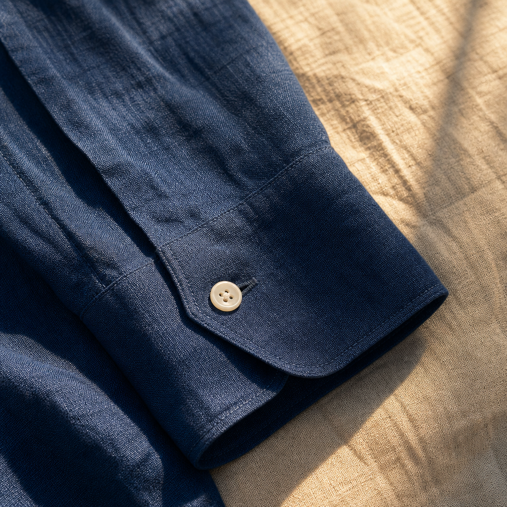 The Halsworth Spread Collar Linen Shirt Navy — detail