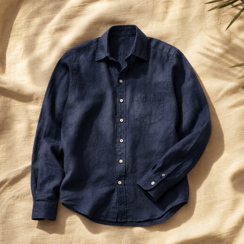 The Halsworth Spread Collar Linen Shirt Navy — hero