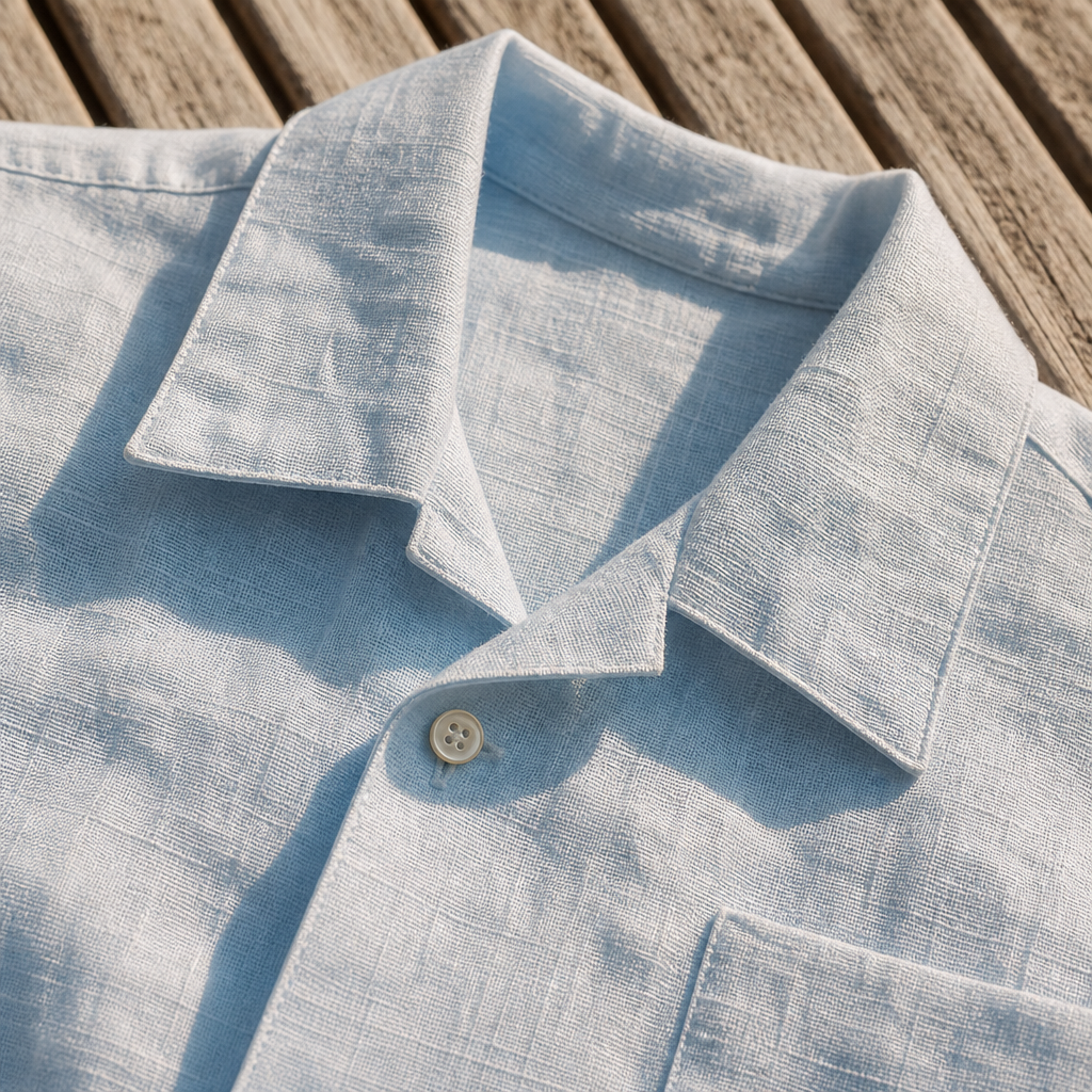 The Portofino Camp Collar Linen Shirt Pale Blue — detail