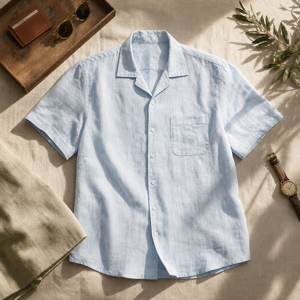 The Portofino Camp Collar Linen Shirt Pale Blue — lifestyle